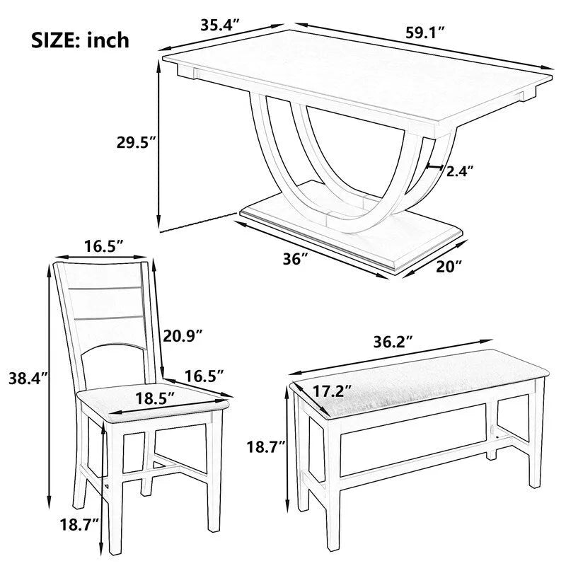 Ensemble de salle à manger 6 personnes avec banc et 4 chaises, pieds demi-ronds, gris/bois naturel