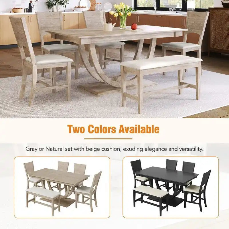 Ensemble de salle à manger 6 personnes avec banc et 4 chaises, pieds demi-ronds, gris/bois naturel