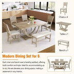 Ensemble de salle à manger 6 personnes avec banc et 4 chaises, pieds demi-ronds, gris/bois naturel