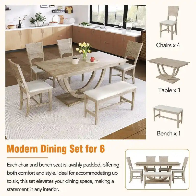 Ensemble de salle à manger 6 personnes avec banc et 4 chaises, pieds demi-ronds, gris/bois naturel