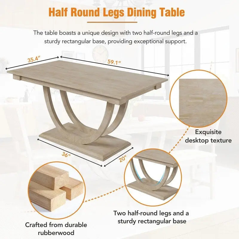 Ensemble de salle à manger 6 personnes avec banc et 4 chaises, pieds demi-ronds, gris/bois naturel