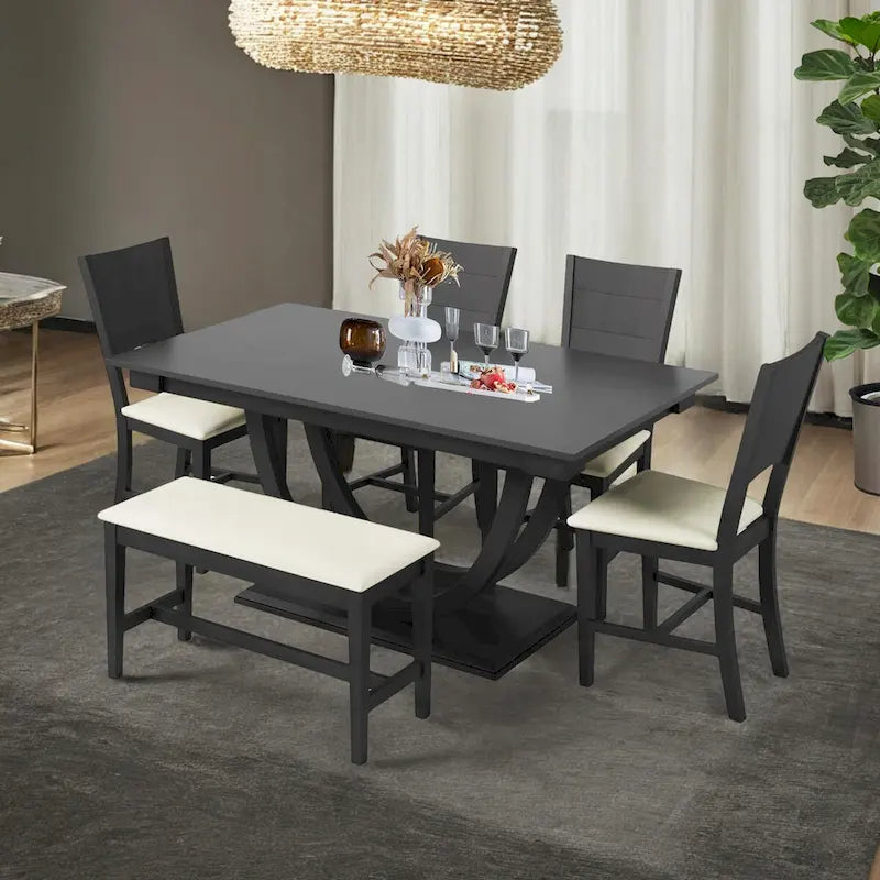 Ensemble de salle à manger 6 personnes avec banc et 4 chaises, pieds demi-ronds, gris/bois naturel