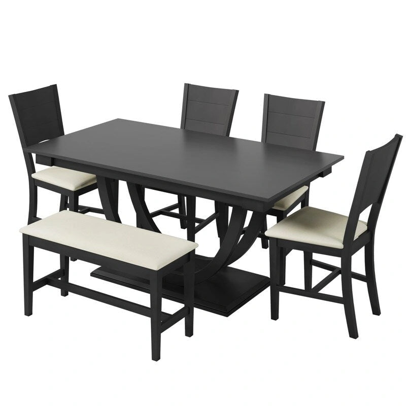 Ensemble de salle à manger 6 personnes avec banc et 4 chaises, pieds demi-ronds, gris/bois naturel