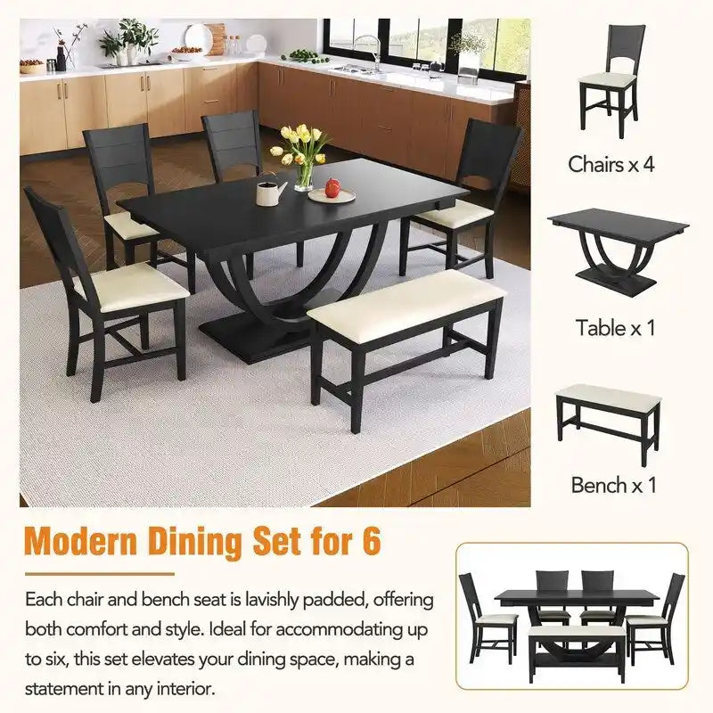 Ensemble de salle à manger 6 personnes avec banc et 4 chaises, pieds demi-ronds, gris/bois naturel