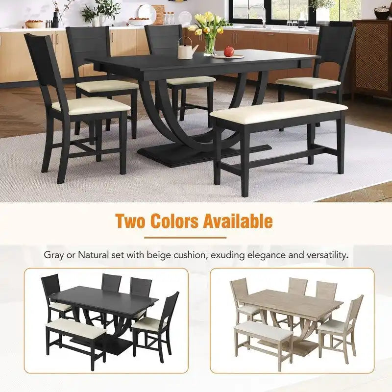 Ensemble de salle à manger 6 personnes avec banc et 4 chaises, pieds demi-ronds, gris/bois naturel