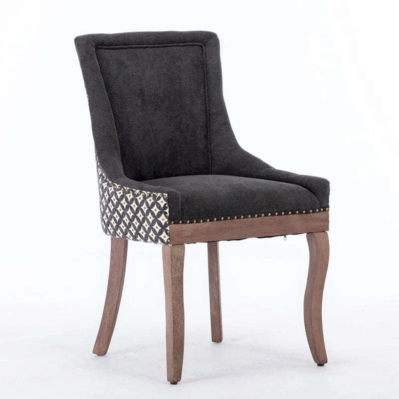 Chaise de salle à manger Ultra Side, Chaises en tissu épaissi avec pieds en bois massif aux tons neutres, Clous décoratifs couleur bronze, Lot de 2