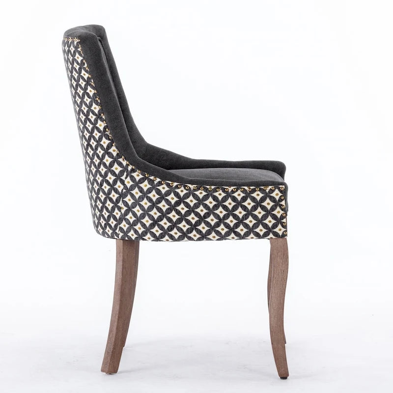 Chaise de salle à manger Ultra Side, Chaises en tissu épaissi avec pieds en bois massif aux tons neutres, Clous décoratifs couleur bronze, Lot de 2