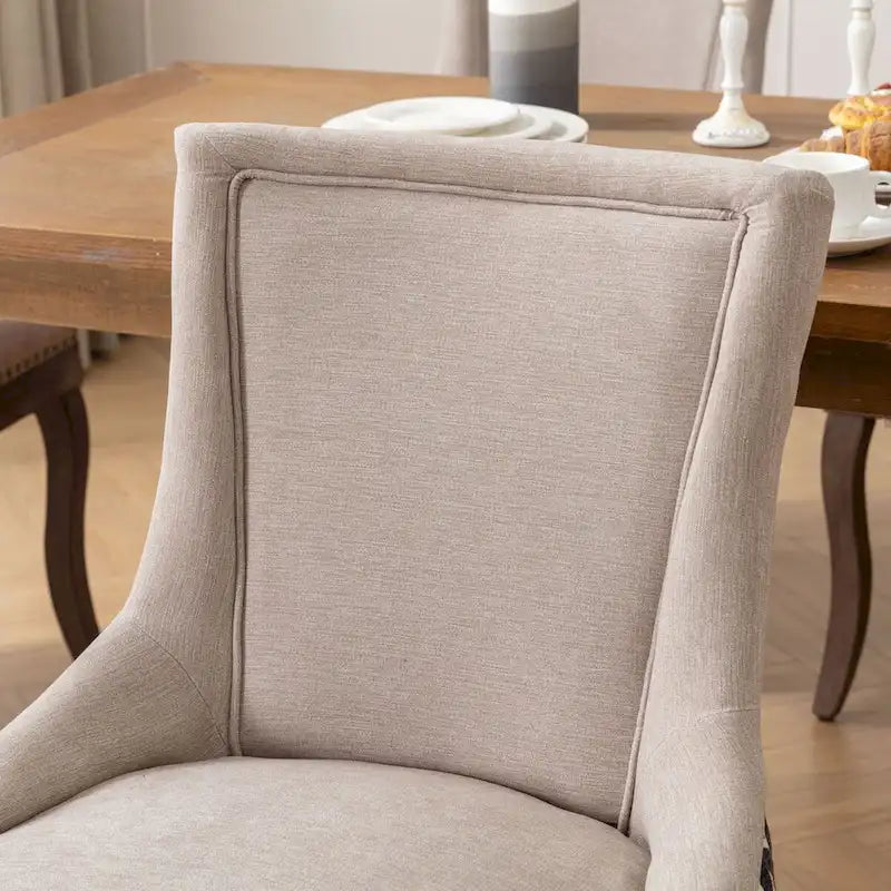 Chaise de salle à manger Ultra Side, Chaises en tissu épaissi avec pieds en bois massif aux tons neutres, Clous décoratifs couleur bronze, Lot de 2