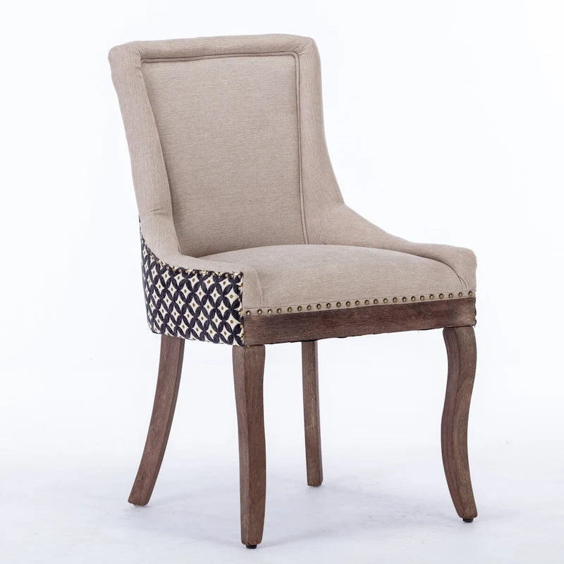 Chaise de salle à manger Ultra Side, Chaises en tissu épaissi avec pieds en bois massif aux tons neutres, Clous décoratifs couleur bronze, Lot de 2