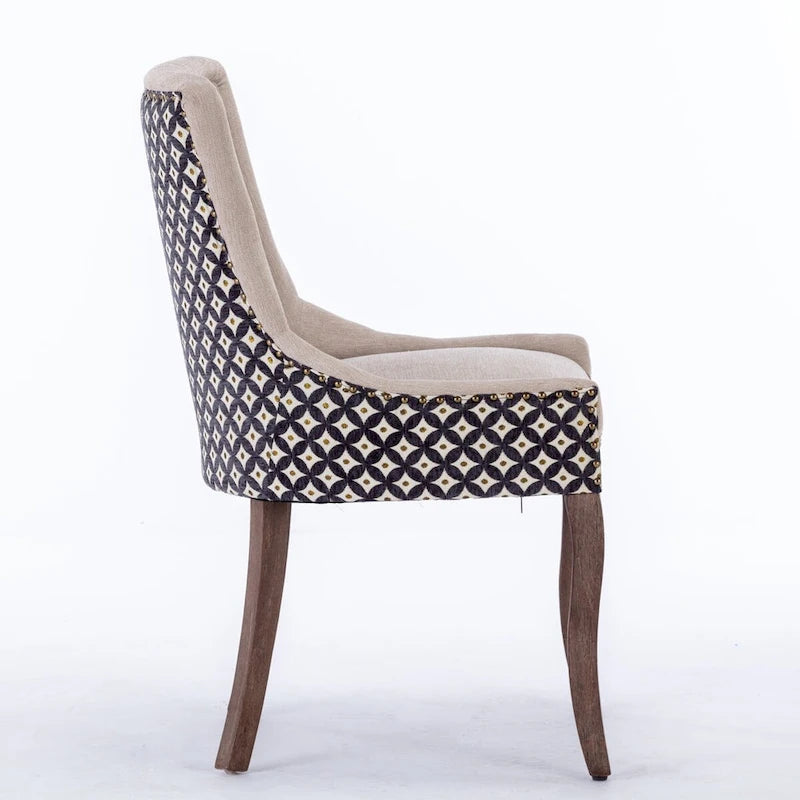 Chaise de salle à manger Ultra Side, Chaises en tissu épaissi avec pieds en bois massif aux tons neutres, Clous décoratifs couleur bronze, Lot de 2