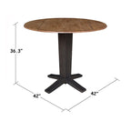 Table à manger piédestal de hauteur comptoir en bois massif de 42 po, à double abattant rond