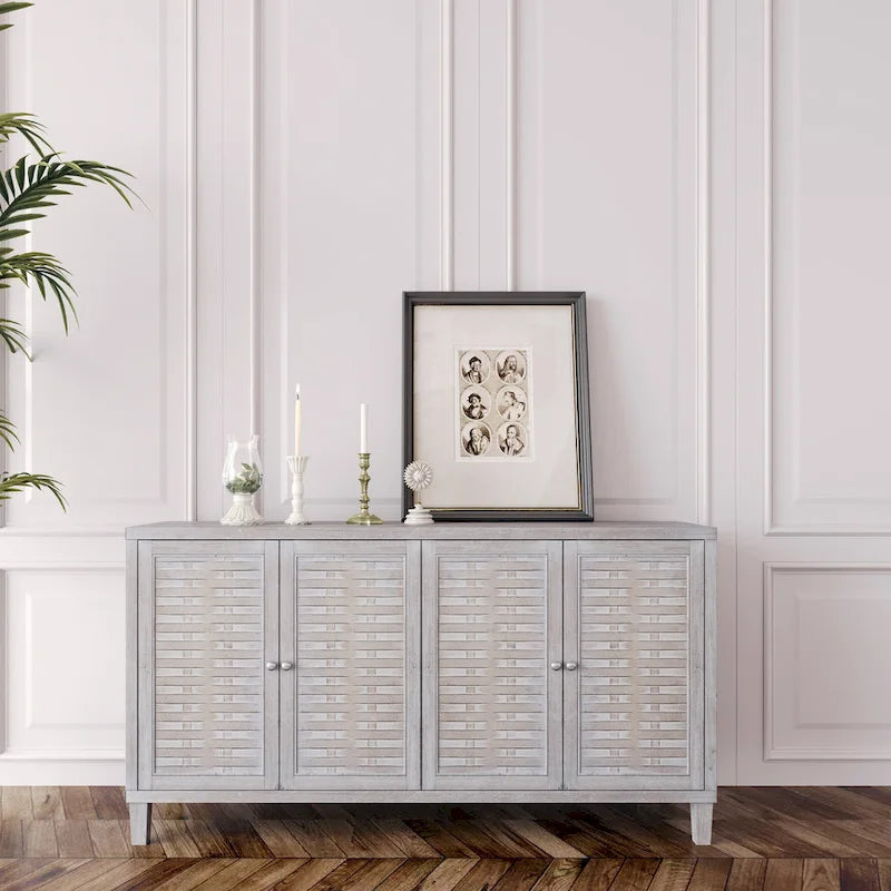 Buffet/Meuble de Rangement d'Appoint en Bois Naturel Décapé à 4 Portes de style Ferme de 152 cm