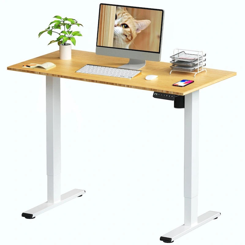 Bureau debout électrique en bambou, blanc/noir/gris, 1 personne, 122x61 cm / 140x71 cm / 152x76 cm