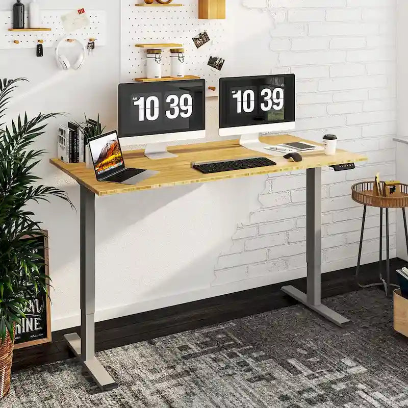 Bureau debout électrique en bambou, blanc/noir/gris, 1 personne, 122x61 cm / 140x71 cm / 152x76 cm