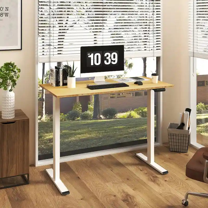 Bureau debout électrique en bambou, blanc/noir/gris, 1 personne, 122x61 cm / 140x71 cm / 152x76 cm