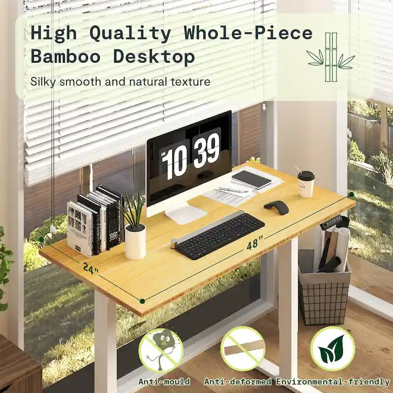 Bureau debout électrique en bambou, blanc/noir/gris, 1 personne, 122x61 cm / 140x71 cm / 152x76 cm