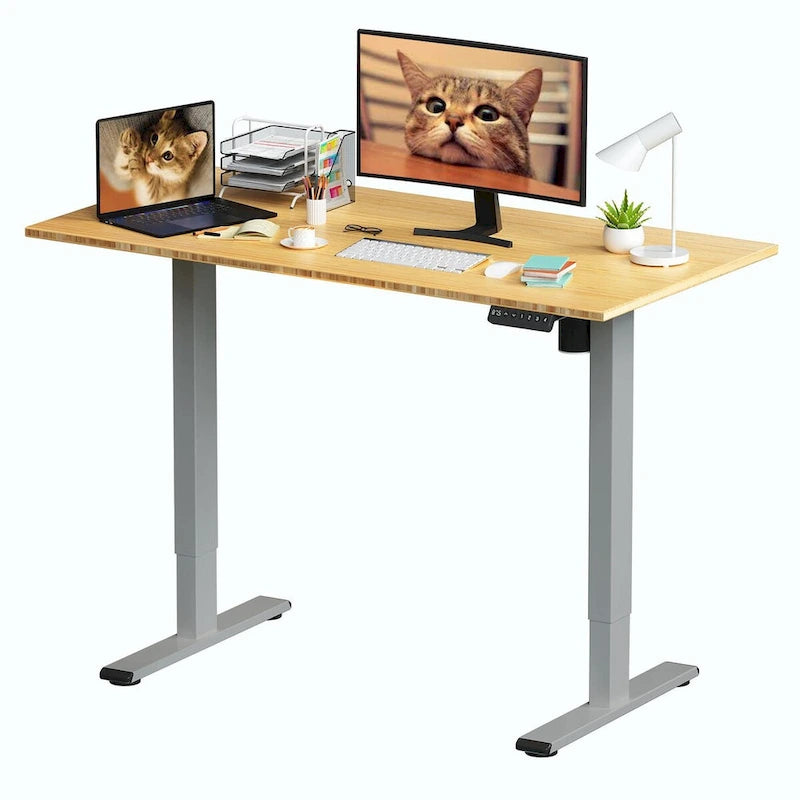 Bureau debout électrique en bambou, blanc/noir/gris, 1 personne, 122x61 cm / 140x71 cm / 152x76 cm