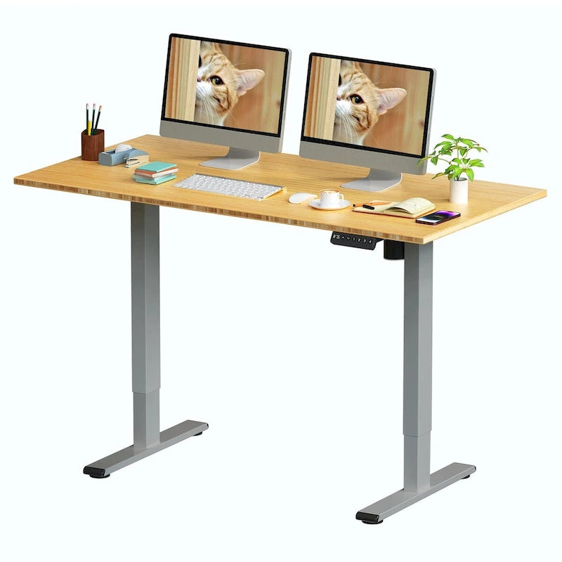 Bureau debout électrique en bambou, blanc/noir/gris, 1 personne, 122x61 cm / 140x71 cm / 152x76 cm