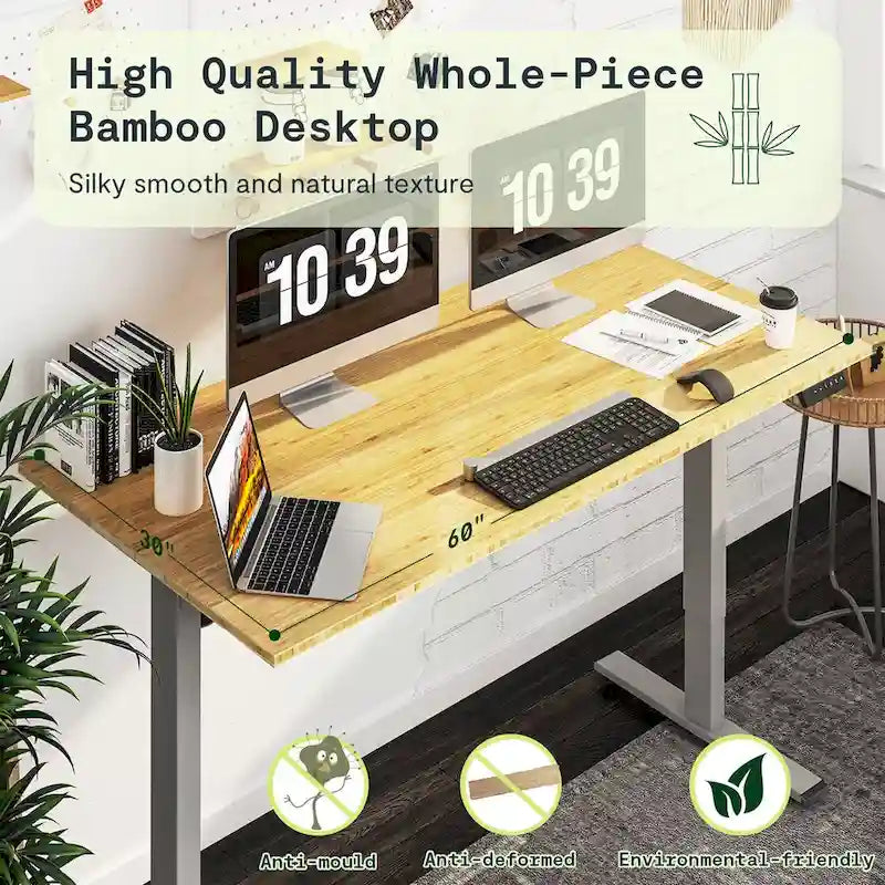 Bureau debout électrique en bambou, blanc/noir/gris, 1 personne, 122x61 cm / 140x71 cm / 152x76 cm