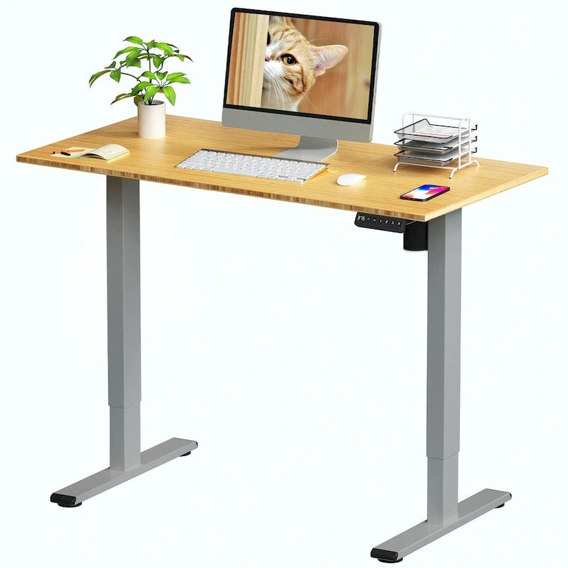 Bureau debout électrique en bambou, blanc/noir/gris, 1 personne, 122x61 cm / 140x71 cm / 152x76 cm
