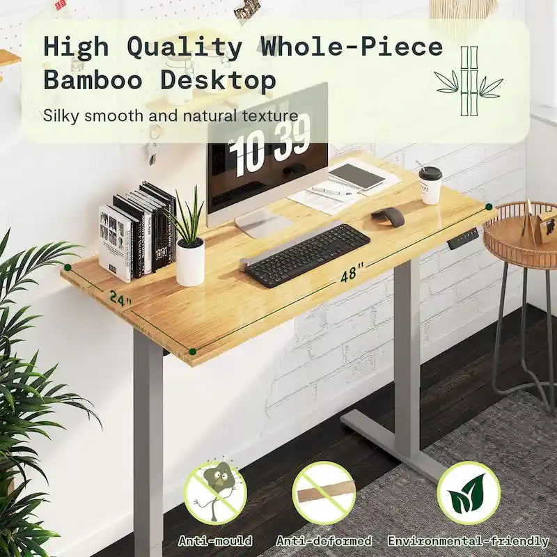 Bureau debout électrique en bambou, blanc/noir/gris, 1 personne, 122x61 cm / 140x71 cm / 152x76 cm