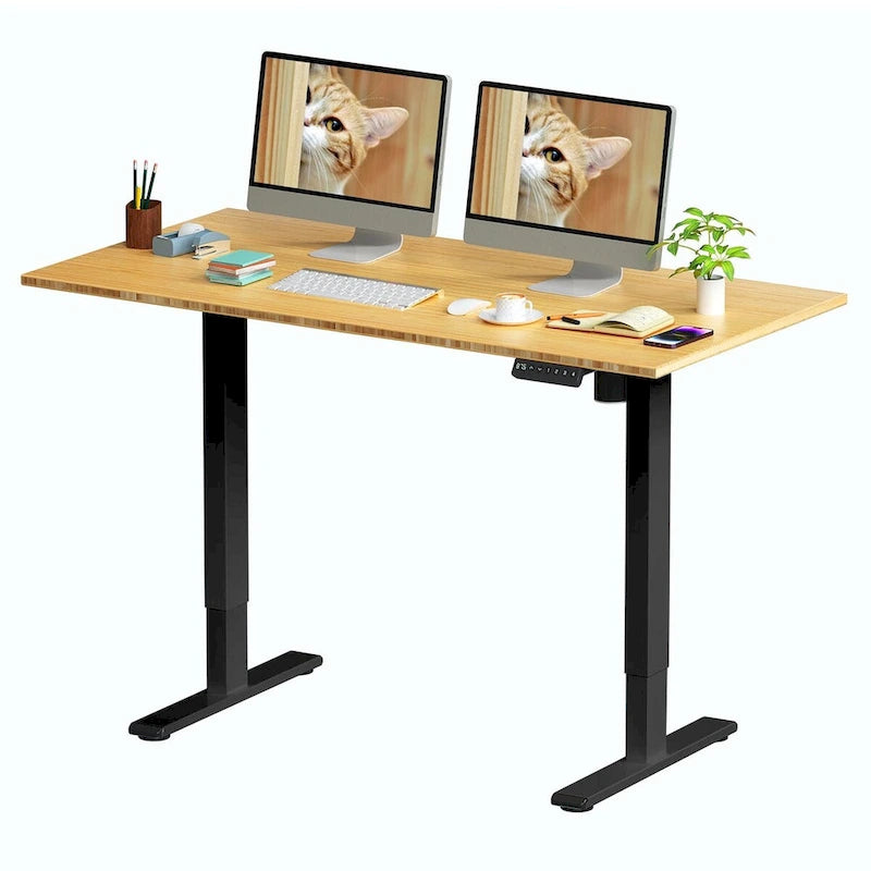 Bureau debout électrique en bambou, blanc/noir/gris, 1 personne, 122x61 cm / 140x71 cm / 152x76 cm