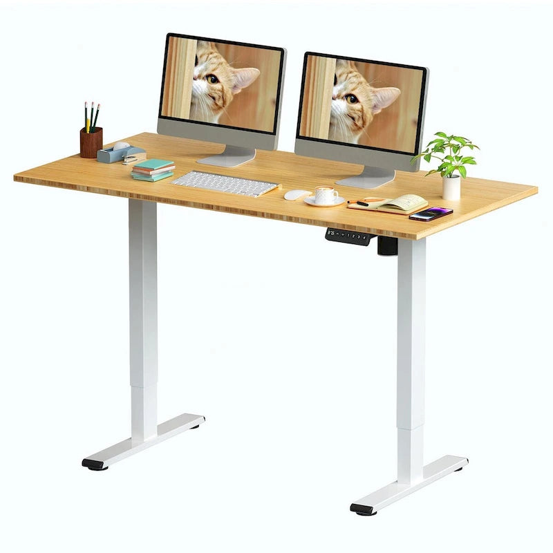 Bureau debout électrique en bambou, blanc/noir/gris, 1 personne, 122x61 cm / 140x71 cm / 152x76 cm