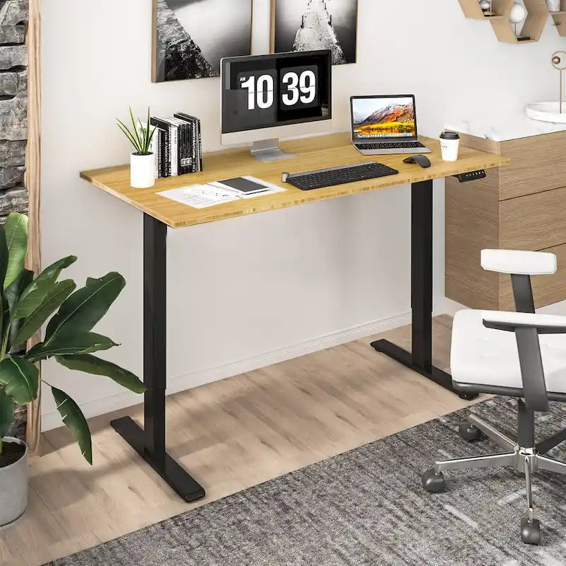 Bureau debout électrique en bambou, blanc/noir/gris, 1 personne, 122x61 cm / 140x71 cm / 152x76 cm