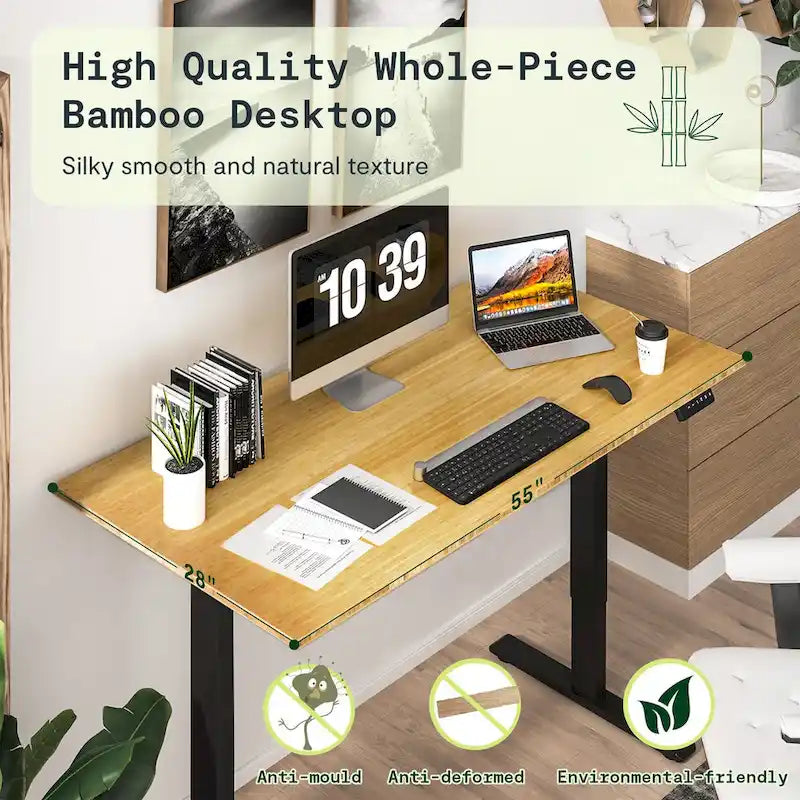 Bureau debout électrique en bambou, blanc/noir/gris, 1 personne, 122x61 cm / 140x71 cm / 152x76 cm