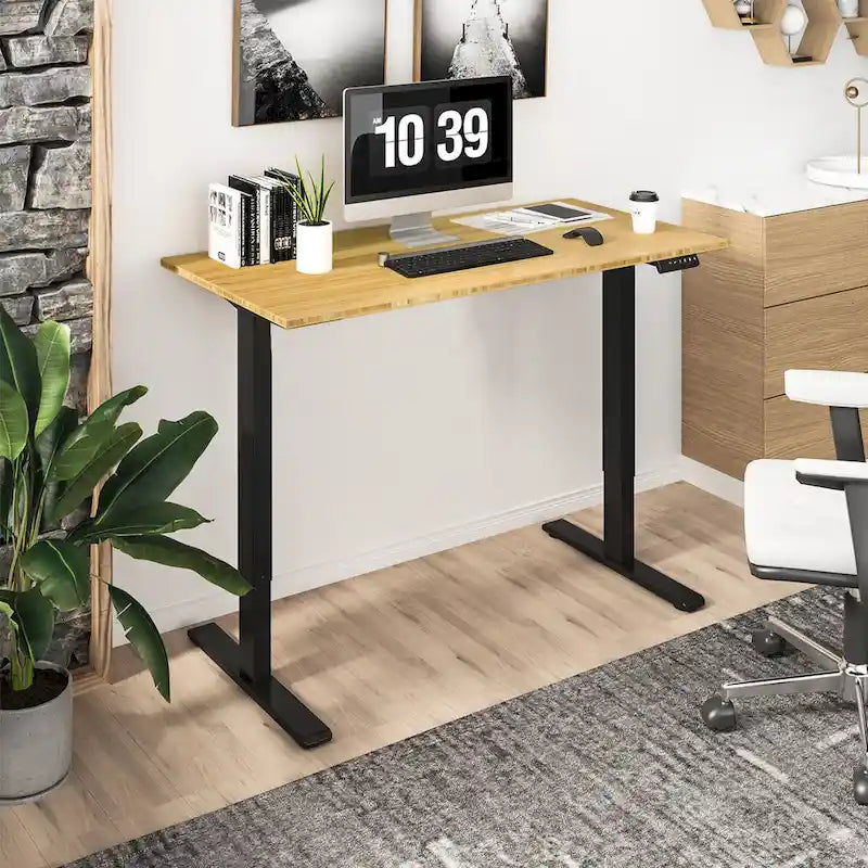 Bureau debout électrique en bambou, blanc/noir/gris, 1 personne, 122x61 cm / 140x71 cm / 152x76 cm