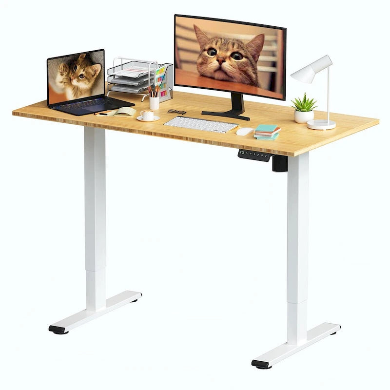Bureau debout électrique en bambou, blanc/noir/gris, 1 personne, 122x61 cm / 140x71 cm / 152x76 cm