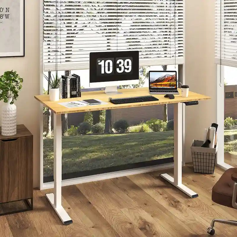 Bureau debout électrique en bambou, blanc/noir/gris, 1 personne, 122x61 cm / 140x71 cm / 152x76 cm