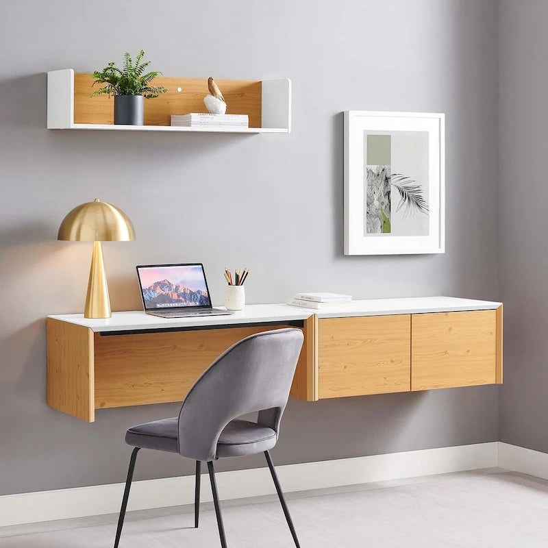 Bureau mural pour 1 personne, blanc naturel/cerisier noir, avec armoire et étagère