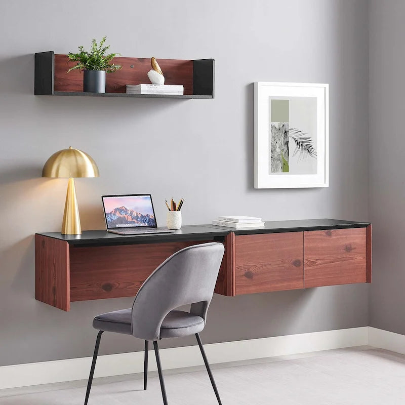 Bureau mural pour 1 personne, blanc naturel/cerisier noir, avec armoire et étagère