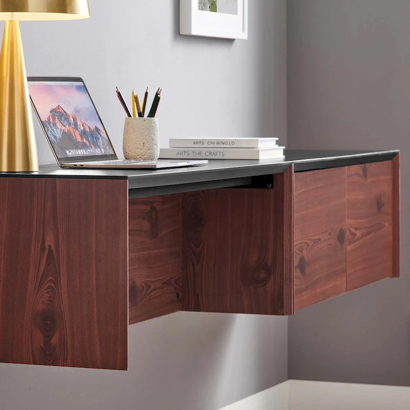 Bureau mural pour 1 personne, blanc naturel/cerisier noir, avec armoire et étagère