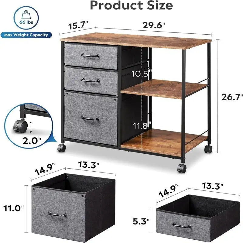 Caisson à roulettes à 3 tiroirs, Gris Clair / Marron Rustique / Noir / Blanc, Bureau individuel
