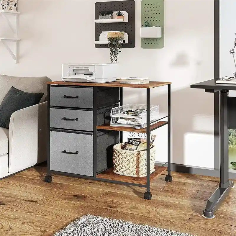 Caisson à roulettes à 3 tiroirs, Gris Clair / Marron Rustique / Noir / Blanc, Bureau individuel