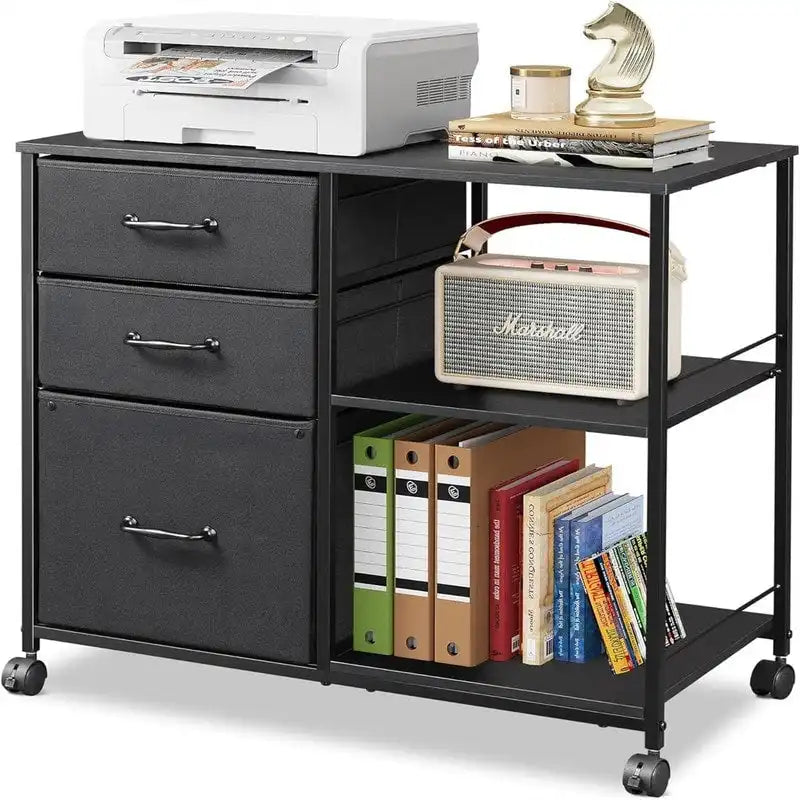 Caisson à roulettes à 3 tiroirs, Gris Clair / Marron Rustique / Noir / Blanc, Bureau individuel