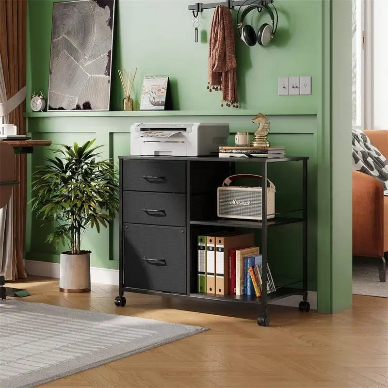 Caisson à roulettes à 3 tiroirs, Gris Clair / Marron Rustique / Noir / Blanc, Bureau individuel