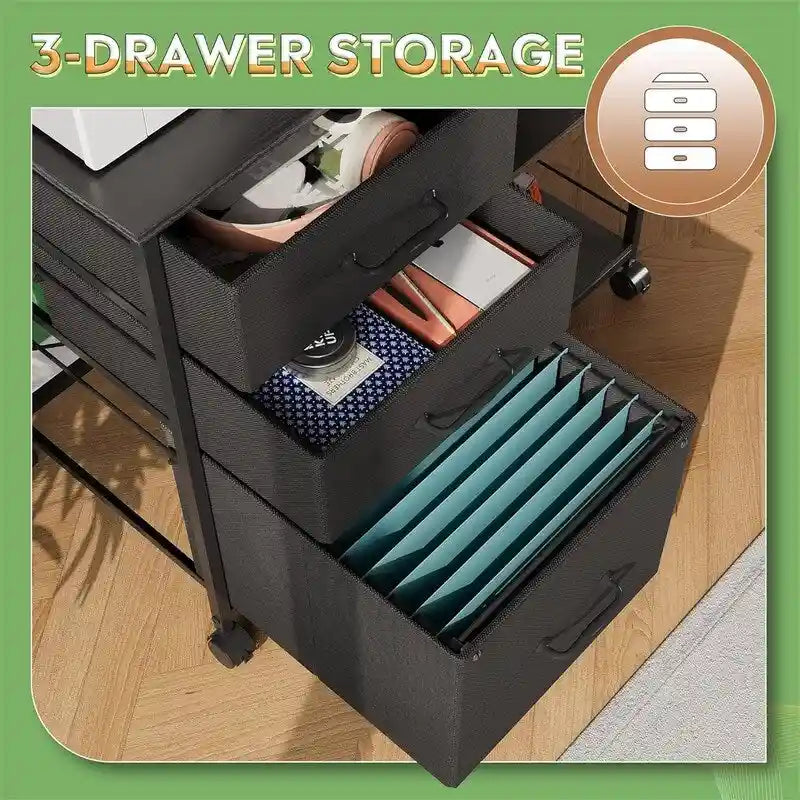 Caisson à roulettes à 3 tiroirs, Gris Clair / Marron Rustique / Noir / Blanc, Bureau individuel