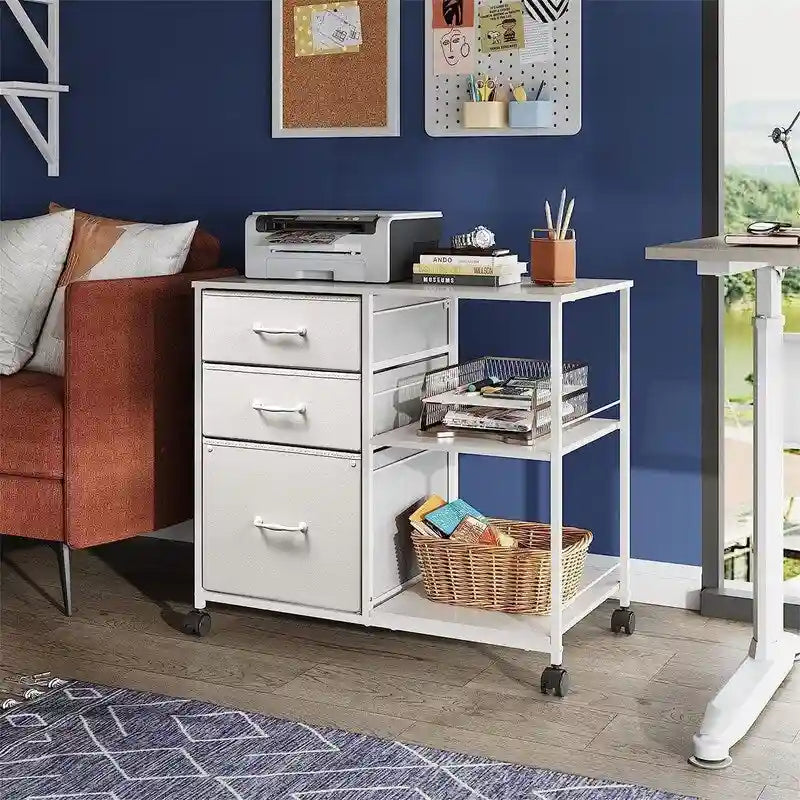 Caisson à roulettes à 3 tiroirs, Gris Clair / Marron Rustique / Noir / Blanc, Bureau individuel