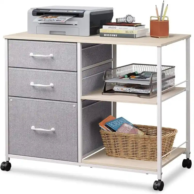 Caisson à roulettes à 3 tiroirs, Gris Clair / Marron Rustique / Noir / Blanc, Bureau individuel