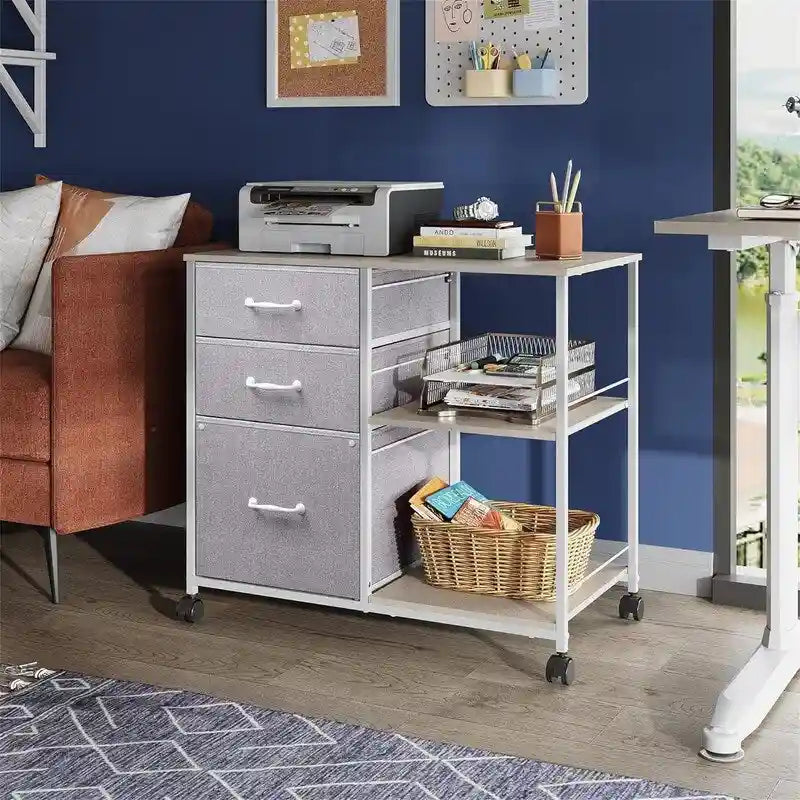 Caisson à roulettes à 3 tiroirs, Gris Clair / Marron Rustique / Noir / Blanc, Bureau individuel
