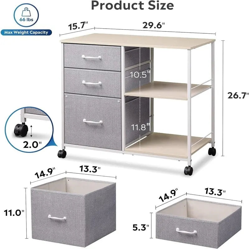 Caisson à roulettes à 3 tiroirs, Gris Clair / Marron Rustique / Noir / Blanc, Bureau individuel