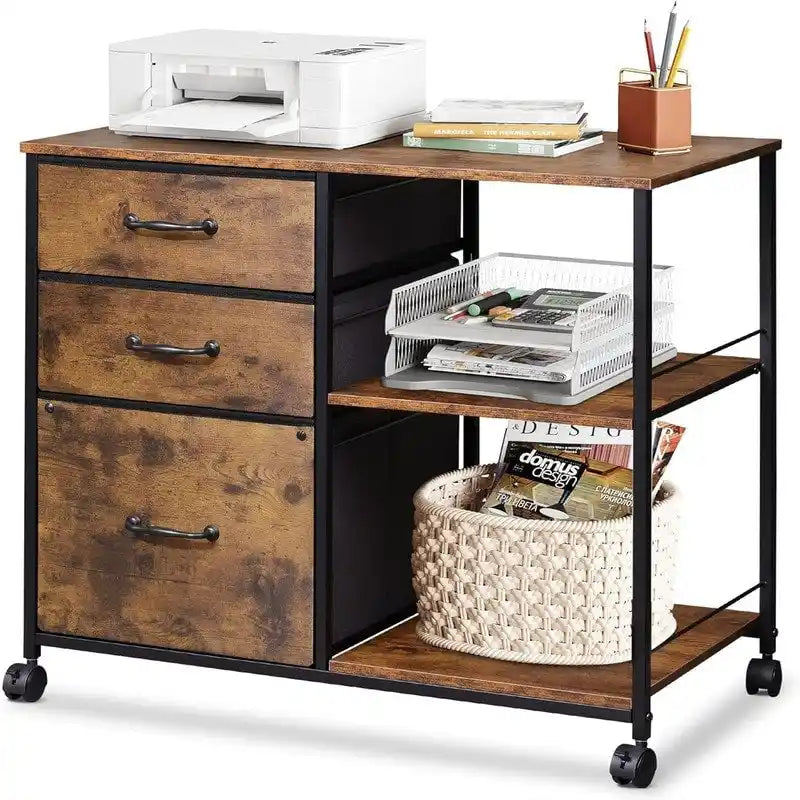 Caisson à roulettes à 3 tiroirs, Gris Clair / Marron Rustique / Noir / Blanc, Bureau individuel
