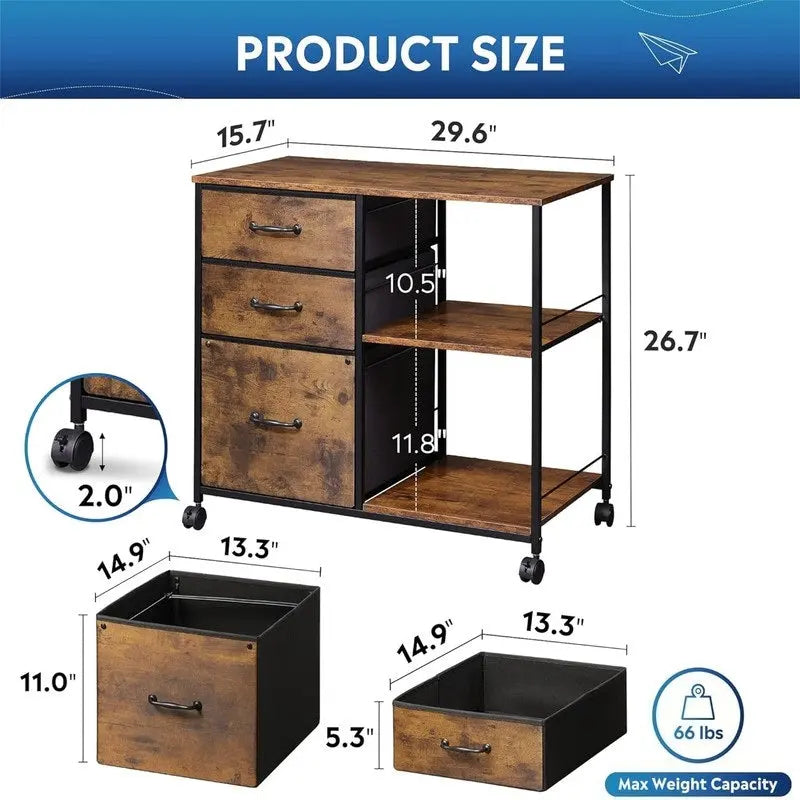 Caisson à roulettes à 3 tiroirs, Gris Clair / Marron Rustique / Noir / Blanc, Bureau individuel
