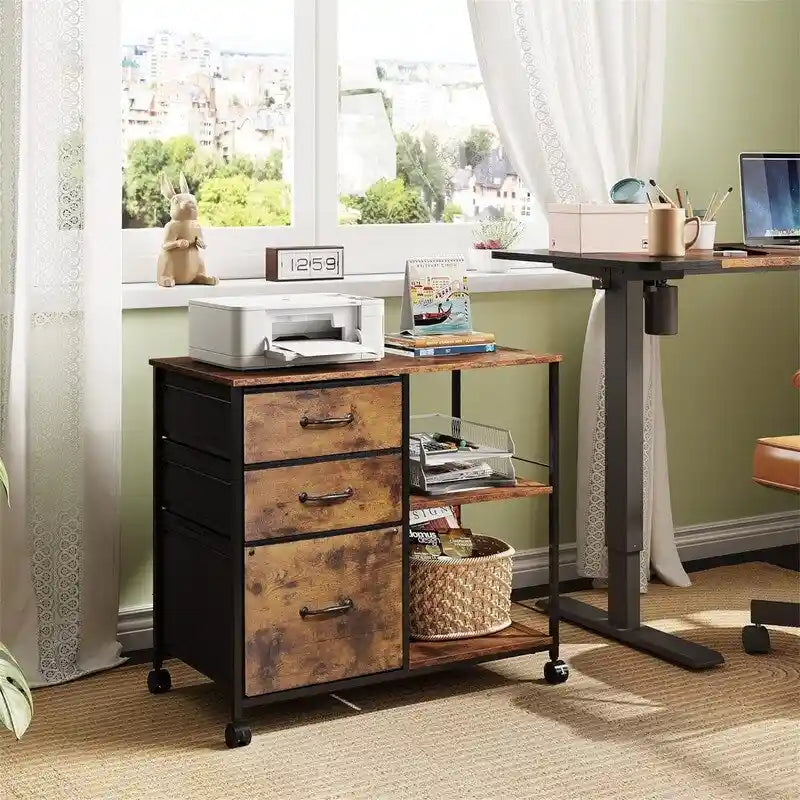 Caisson à roulettes à 3 tiroirs, Gris Clair / Marron Rustique / Noir / Blanc, Bureau individuel
