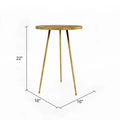 Table d'appoint ronde dorée, plateau bois et métal, 55,88 cm H x 40,64 cm L x 40,64 cm P