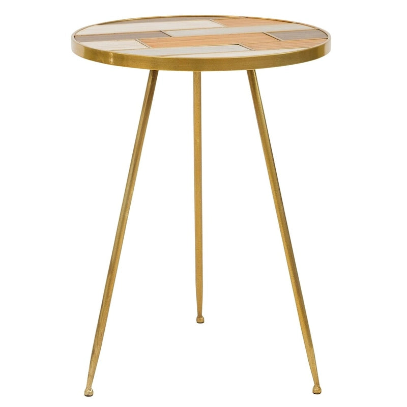 Table d'appoint ronde dorée, plateau bois et métal, 55,88 cm H x 40,64 cm L x 40,64 cm P