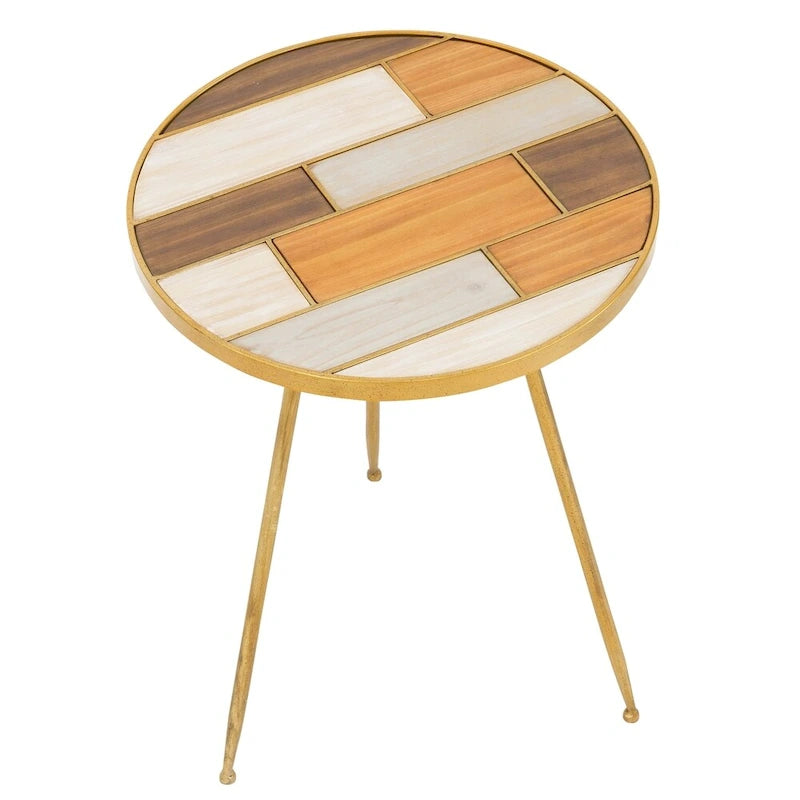 Table d'appoint ronde dorée, plateau bois et métal, 55,88 cm H x 40,64 cm L x 40,64 cm P